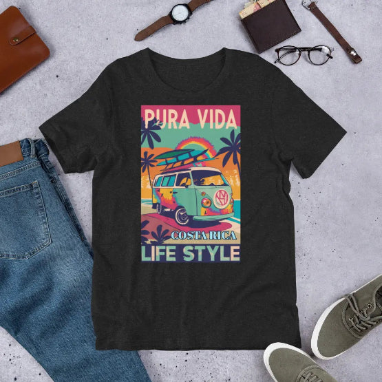 👉 "Unisex t-shirt featuring a vintage Volkswagen Combi van with 'Pura Vida' text, representing Costa Rica’s laid-back surf and travel culture."