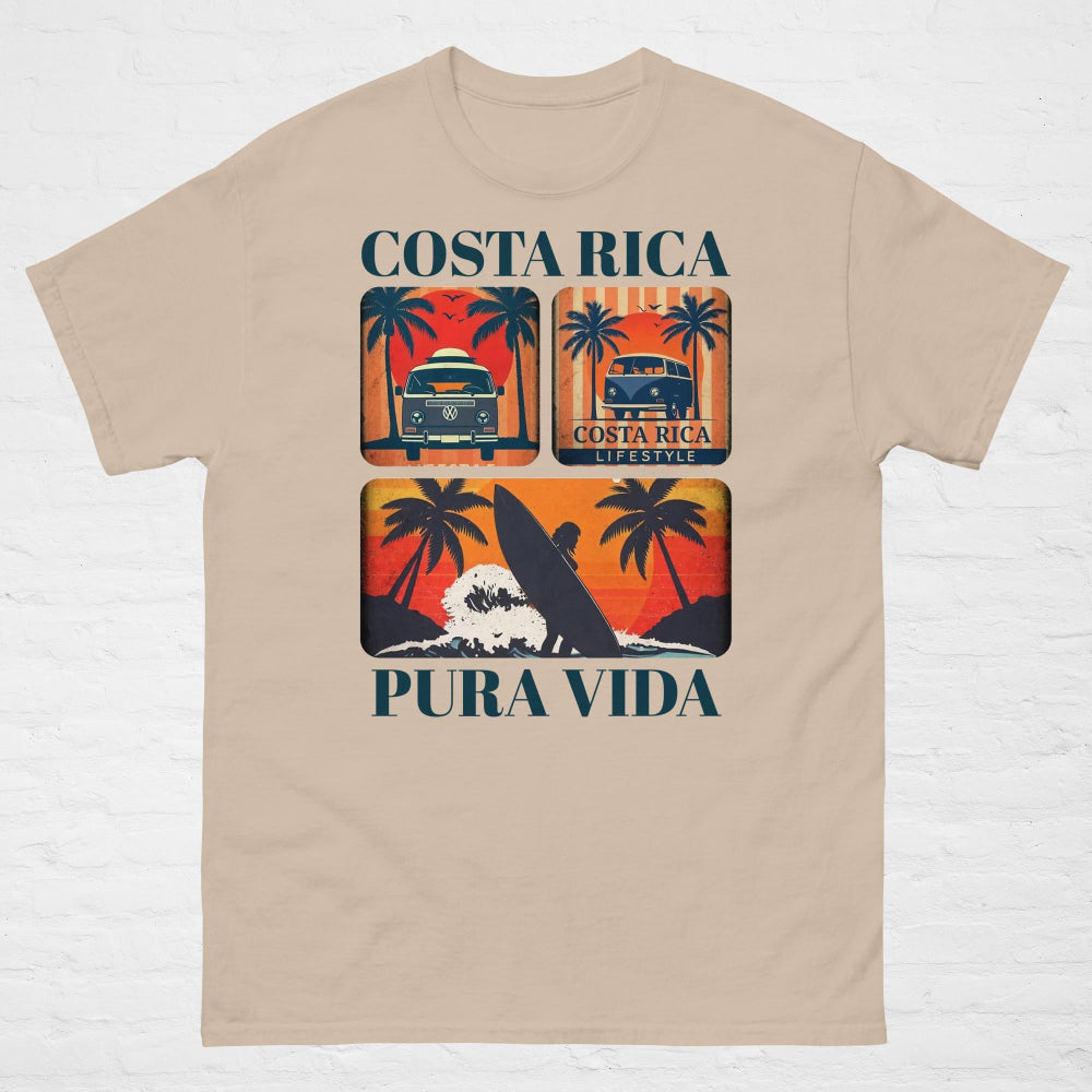 A unisex classic t-shirt featuring the words "Costa Rica" in bold, vintage-style typography across the chest. The shirt is styled casually with jeans, showcasing its relaxed fit and soft cotton fabric. Available in neutral and pastel tones, it's a comfortable and stylish representation of the laid-back "Pura Vida" lifestyle.