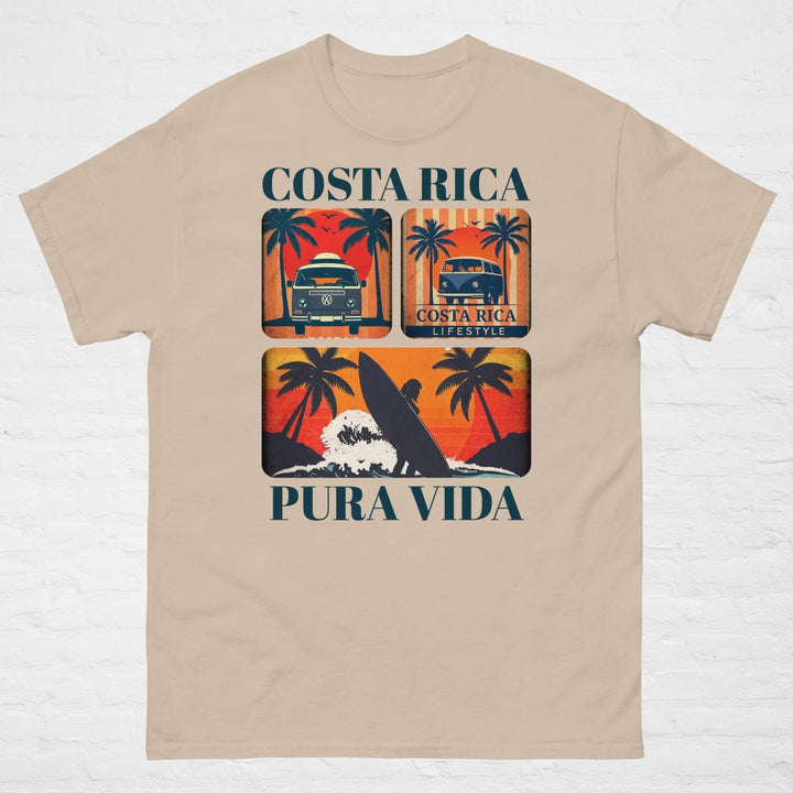A unisex classic t-shirt featuring the words "Costa Rica" in bold, vintage-style typography across the chest. The shirt is styled casually with jeans, showcasing its relaxed fit and soft cotton fabric. Available in neutral and pastel tones, it's a comfortable and stylish representation of the laid-back "Pura Vida" lifestyle.