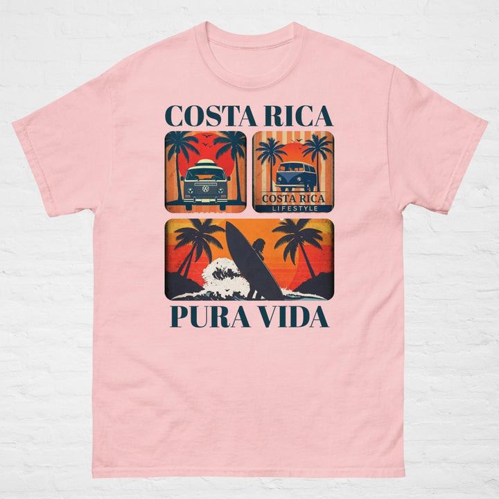 A unisex classic t-shirt featuring the words "Costa Rica" in bold, vintage-style typography across the chest. The shirt is styled casually with jeans, showcasing its relaxed fit and soft cotton fabric. Available in neutral and pastel tones, it's a comfortable and stylish representation of the laid-back "Pura Vida" lifestyle.