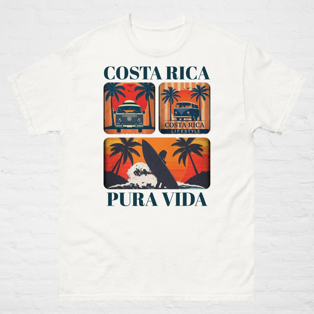 A unisex classic t-shirt featuring the words "Costa Rica" in bold, vintage-style typography across the chest. The shirt is styled casually with jeans, showcasing its relaxed fit and soft cotton fabric. Available in neutral and pastel tones, it's a comfortable and stylish representation of the laid-back "Pura Vida" lifestyle.