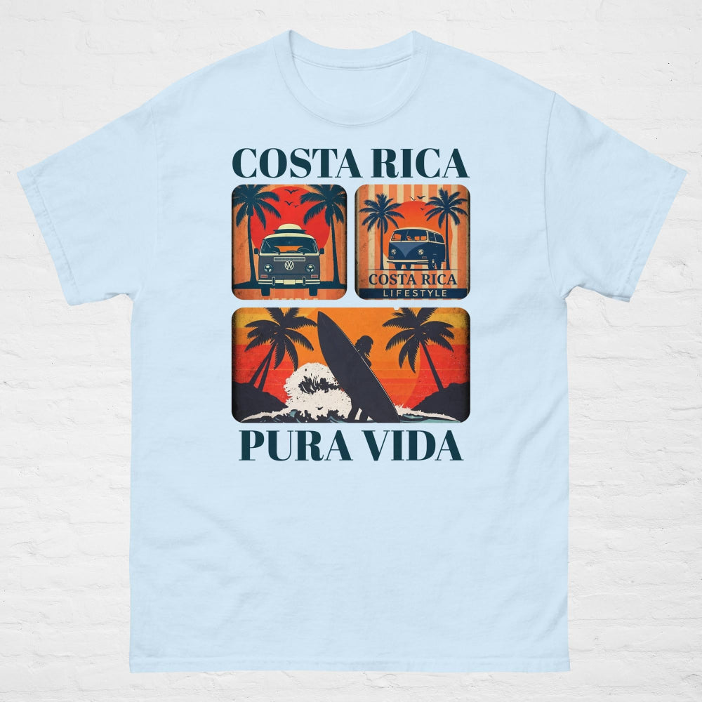 A unisex classic t-shirt featuring the words "Costa Rica" in bold, vintage-style typography across the chest. The shirt is styled casually with jeans, showcasing its relaxed fit and soft cotton fabric. Available in neutral and pastel tones, it's a comfortable and stylish representation of the laid-back "Pura Vida" lifestyle.