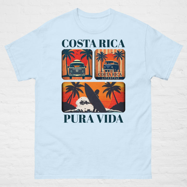 A unisex classic t-shirt featuring the words "Costa Rica" in bold, vintage-style typography across the chest. The shirt is styled casually with jeans, showcasing its relaxed fit and soft cotton fabric. Available in neutral and pastel tones, it's a comfortable and stylish representation of the laid-back "Pura Vida" lifestyle.