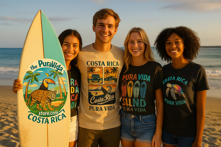 A unisex classic t-shirt featuring the words "Costa Rica" in bold, vintage-style typography across the chest. The shirt is styled casually with jeans, showcasing its relaxed fit and soft cotton fabric. Available in neutral and pastel tones, it's a comfortable and stylish representation of the laid-back "Pura Vida" lifestyle.