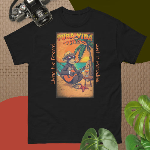 Unisex t-shirt with a cool monkey in sunglasses drinking from a coconut, tropical Costa Rica-themed design."