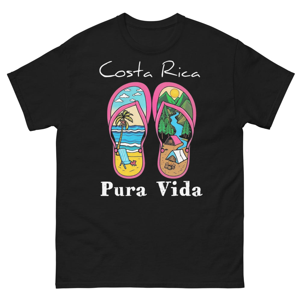 Product m"Unisex classic fit t-shirt featuring a vibrant collage-style design that celebrates Costa Rica, including tropical elements like toucans, sloths, beaches, waves, and jungle foliage. The colorful graphic is set against a neutral shirt color, capturing the laid-back and adventurous spirit of Pura Vida."