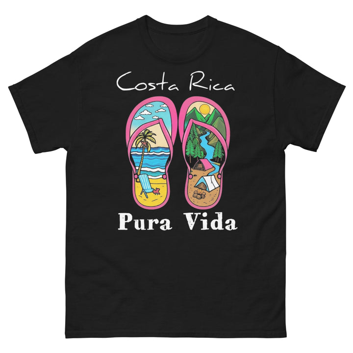 Product m"Unisex classic fit t-shirt featuring a vibrant collage-style design that celebrates Costa Rica, including tropical elements like toucans, sloths, beaches, waves, and jungle foliage. The colorful graphic is set against a neutral shirt color, capturing the laid-back and adventurous spirit of Pura Vida."