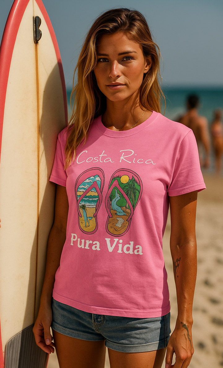 Product m"Unisex classic fit t-shirt featuring a vibrant collage-style design that celebrates Costa Rica, including tropical elements like toucans, sloths, beaches, waves, and jungle foliage. The colorful graphic is set against a neutral shirt color, capturing the laid-back and adventurous spirit of Pura Vida."