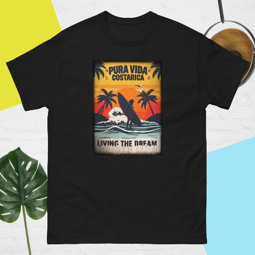 👉 "Unisex t-shirt featuring a 'Living the Dream' Costa Rica graphic with palm trees and a sunset, ideal for tropical vibes."