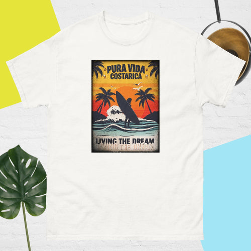 👉 "Unisex t-shirt featuring a 'Living the Dream' Costa Rica graphic with palm trees and a sunset, ideal for tropical vibes."