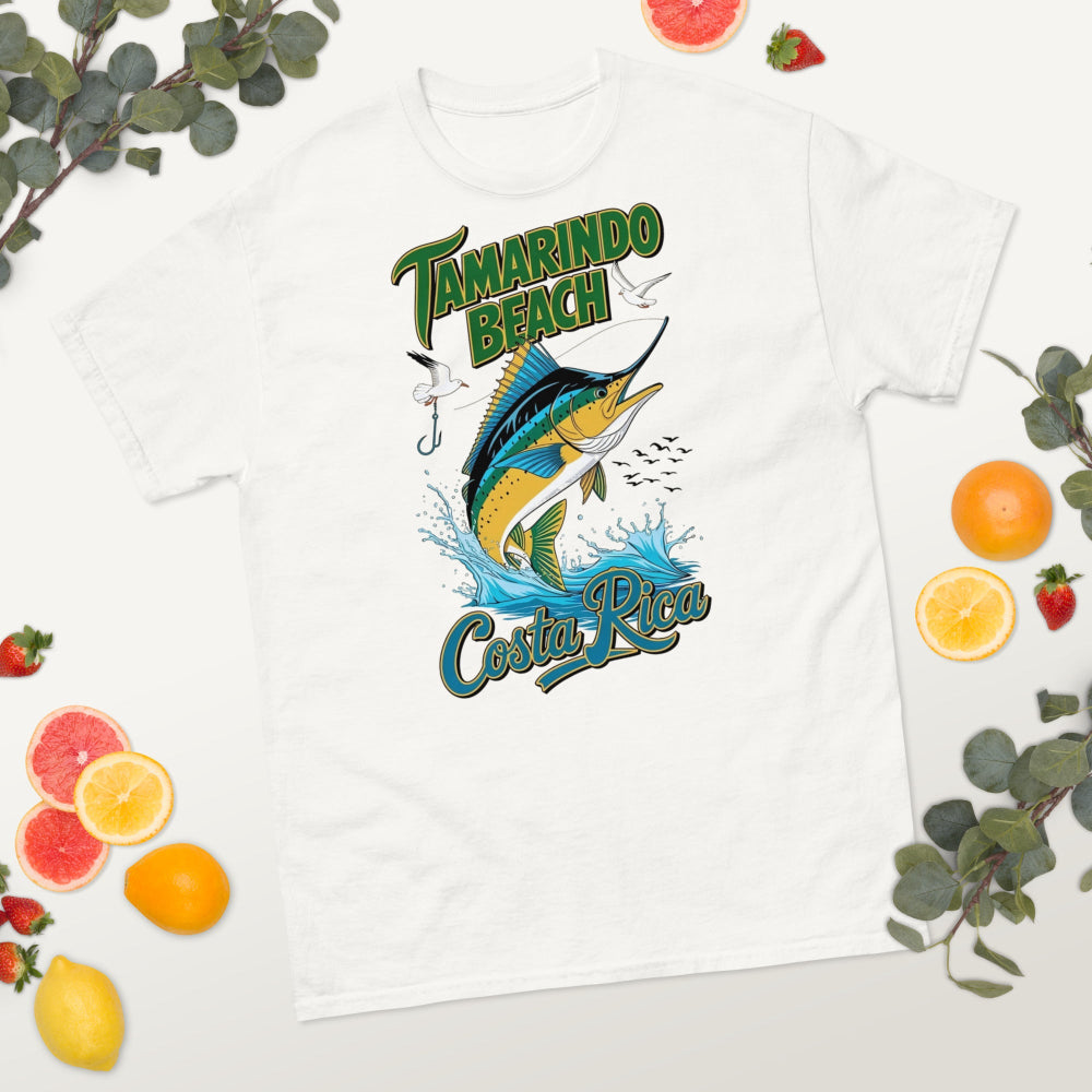 "Unisex t-shirt featuring a retro-style Tamarindo Beach graphic on the back, displayed flat against a neutral background. Made from soft cotton with a relaxed fit, perfect for casual, beach-inspired style."