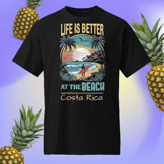 👉 "Unisex t-shirt with a 'Life is Better at the Beach®' graphic, showcasing Costa Rica’s beautiful beaches and tropical vibes."
