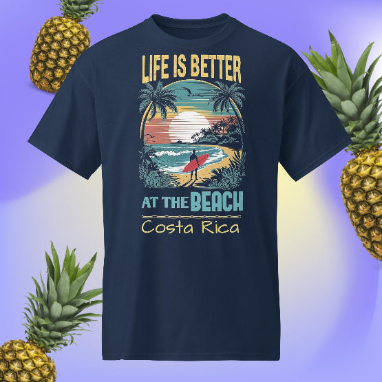 👉 "Unisex t-shirt with a 'Life is Better at the Beach®' graphic, showcasing Costa Rica’s beautiful beaches and tropical vibes."

