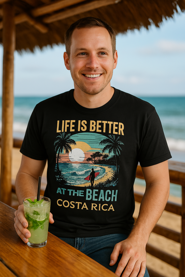 👉 "Unisex t-shirt with a 'Life is Better at the Beach®' graphic, showcasing Costa Rica’s beautiful beaches and tropical vibes."
