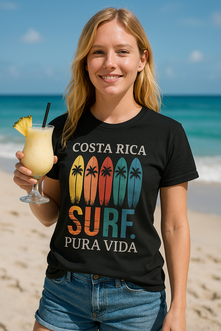 👉 "Unisex t-shirt with a 'Surf CR' graphic, featuring a surfboard and tropical waves, celebrating Costa Rica’s surf culture."