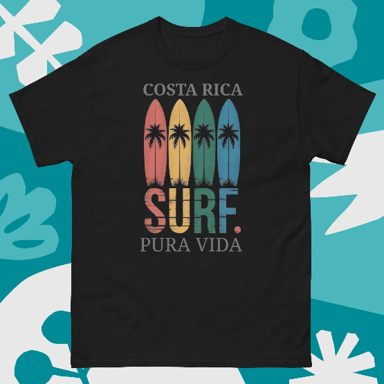👉 "Unisex t-shirt with a 'Surf CR' graphic, featuring a surfboard and tropical waves, celebrating Costa Rica’s surf culture."