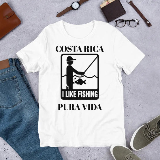 👉 "Unisex t-shirt with an 'I Like Fishing CR 2' graphic, showcasing Costa Rica’s world-renowned sport fishing and tropical ocean adventures."