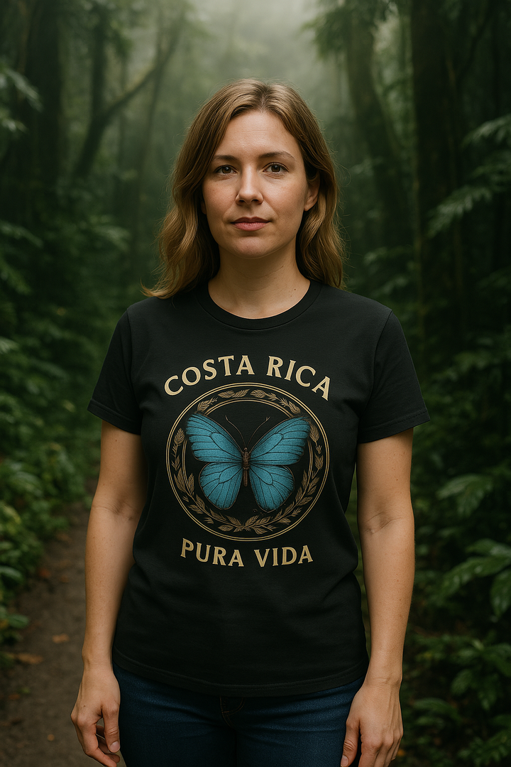 👉 "Unisex t-shirt with a striking Morpho butterfly graphic, capturing the beauty of Costa Rica’s rainforests and diverse ecosystems."