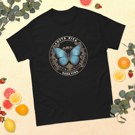 👉 "Unisex t-shirt with a striking Morpho butterfly graphic, capturing the beauty of Costa Rica’s rainforests and diverse ecosystems."
