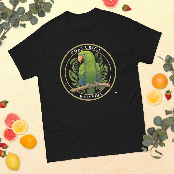 👉 "Unisex t-shirt with a colorful parakeet graphic, showcasing the beauty of Costa Rica’s tropical wildlife and vibrant rainforest environment."