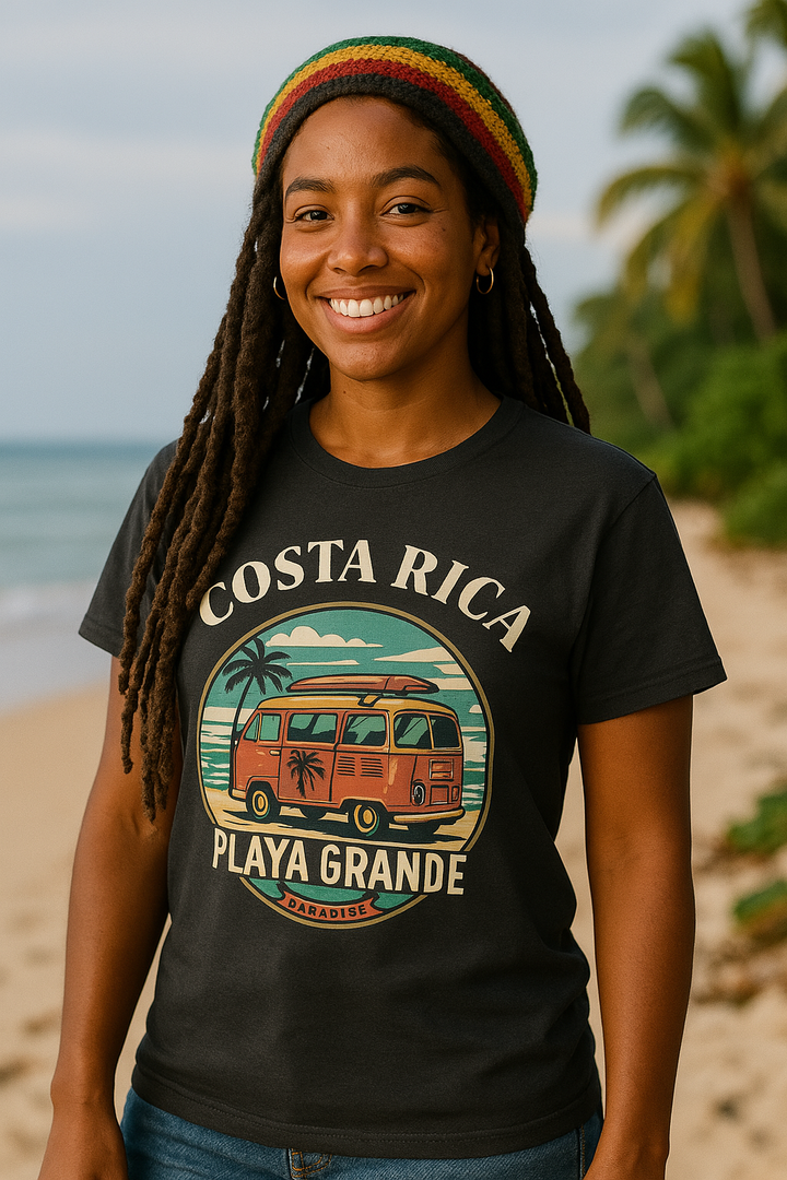 👉 "Unisex t-shirt with a 'Playa Grande CR' graphic, celebrating Costa Rica’s beautiful Playa Grande beach, a hotspot for surfers and turtle conservation."
