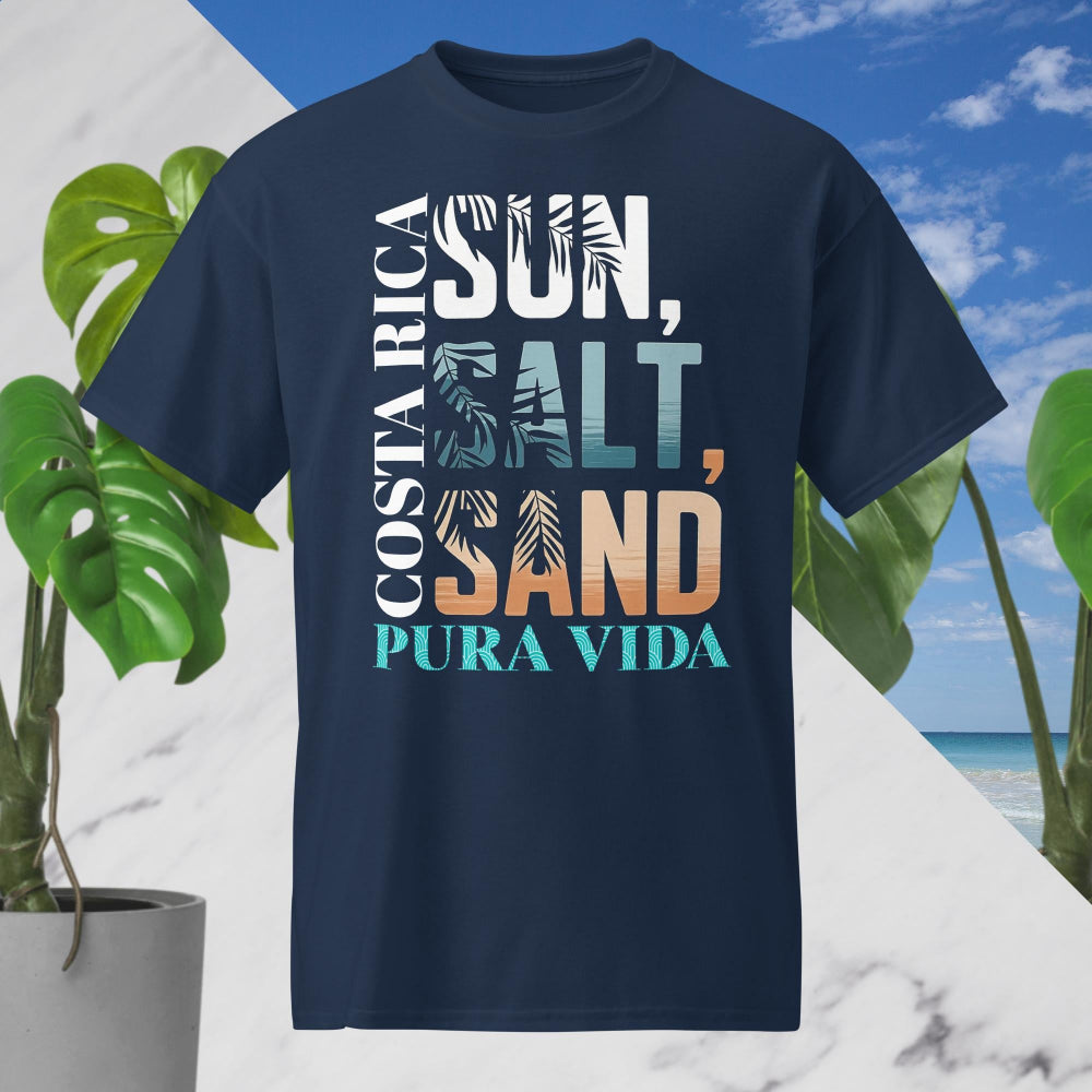 👉 "Unisex t-shirt with a 'Sun Salt Sand' graphic, representing the laid-back Costa Rican beach lifestyle with tropical elements."