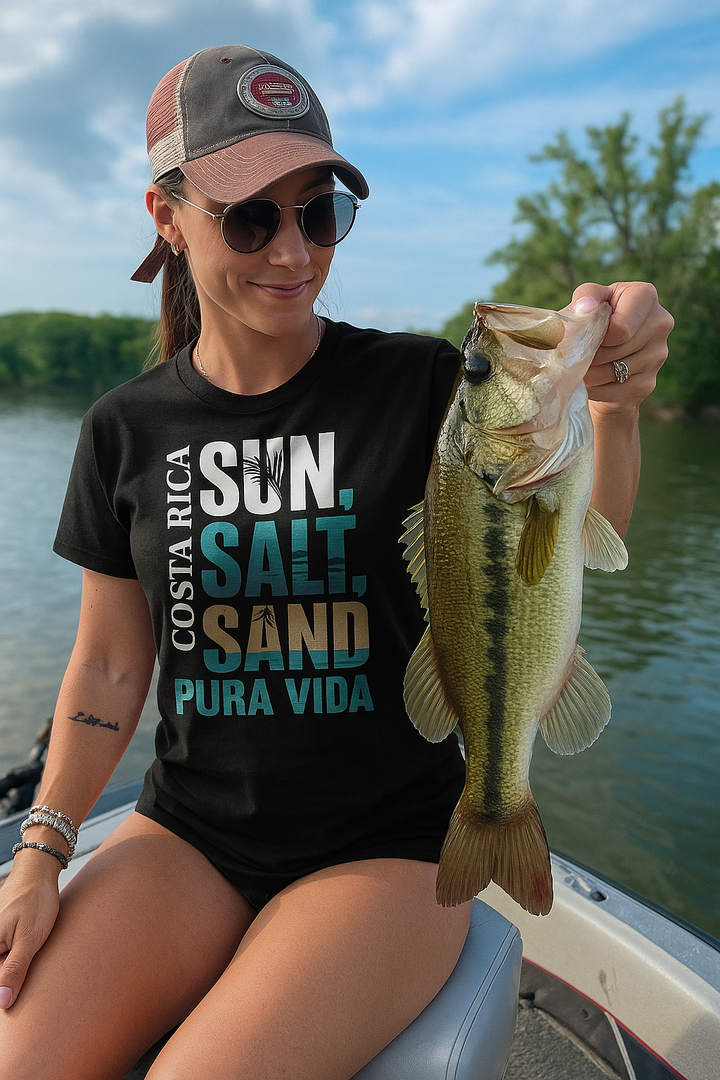 👉 "Unisex t-shirt with a 'Sun Salt Sand' graphic, representing the laid-back Costa Rican beach lifestyle with tropical elements."