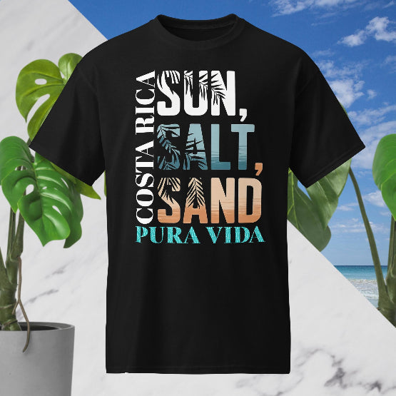 👉 "Unisex t-shirt with a 'Sun Salt Sand' graphic, representing the laid-back Costa Rican beach lifestyle with tropical elements."