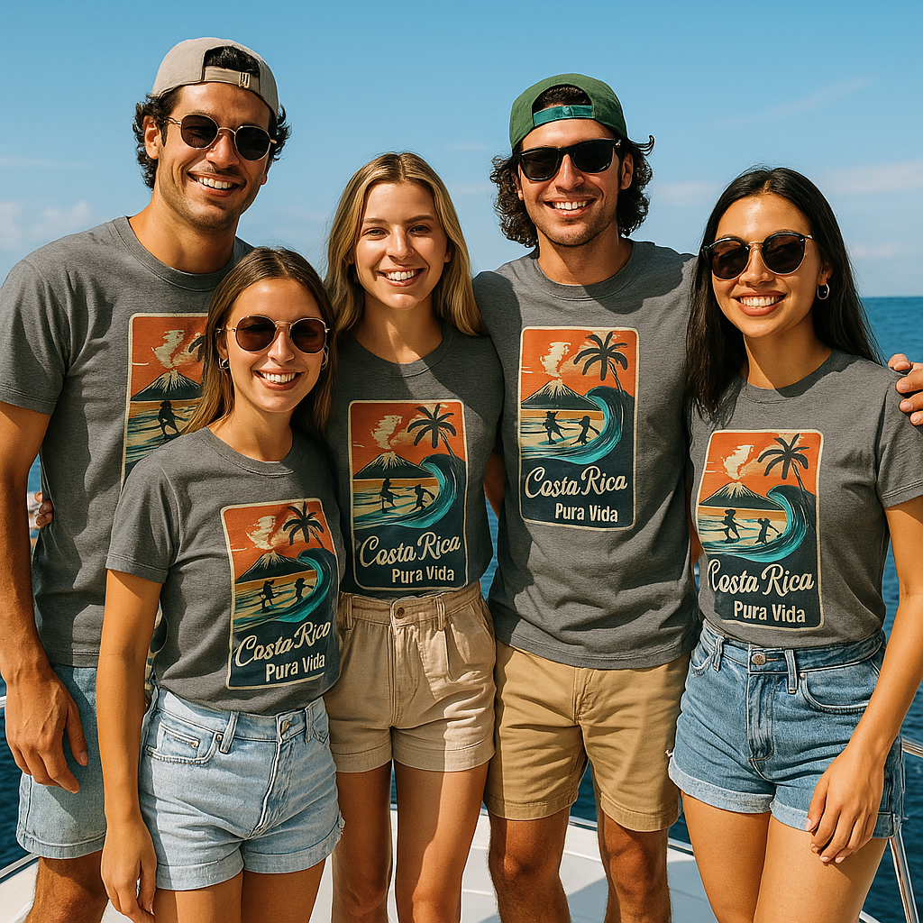 👉 "Unisex DryBlend® t-shirt with a 'Surfing CR' graphic, showcasing tropical waves and Costa Rica’s surfing culture."