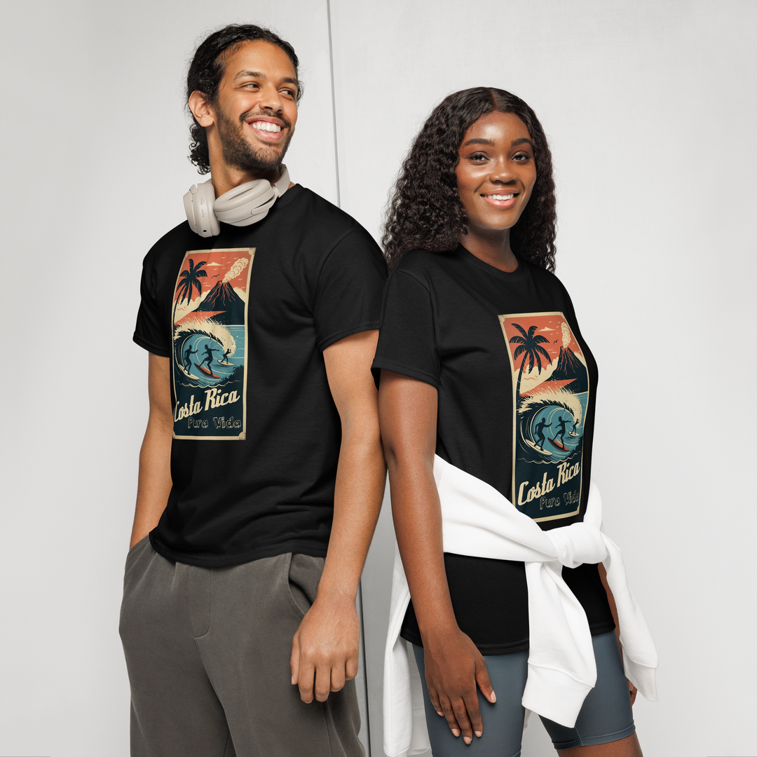 👉 "Unisex t-shirt with a 'Costa Rica Pura Vida Surf®' graphic, showcasing tropical waves and the Pura Vida lifestyle of Costa Rica’s beaches."
