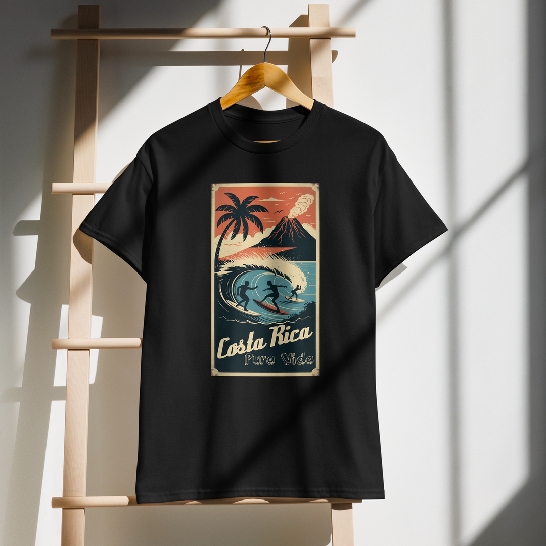 👉 "Unisex t-shirt with a 'Costa Rica Pura Vida Surf®' graphic, showcasing tropical waves and the Pura Vida lifestyle of Costa Rica’s beaches."