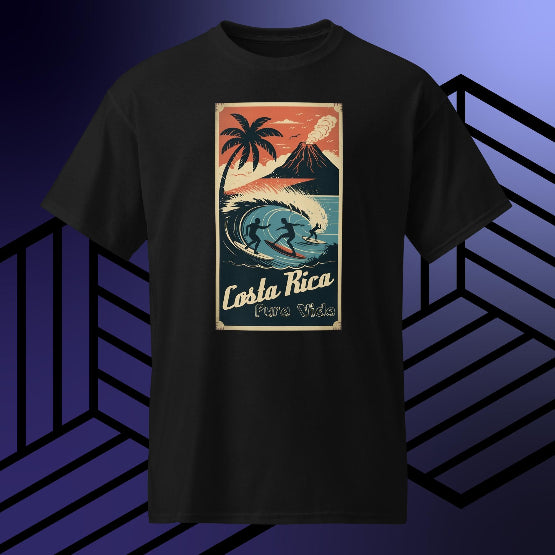 👉 "Unisex t-shirt with a 'Costa Rica Pura Vida Surf®' graphic, showcasing tropical waves and the Pura Vida lifestyle of Costa Rica’s beaches."
