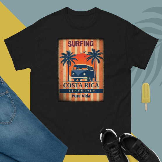 👉 "Unisex t-shirt with a 'CR Life Style Pura Vida' graphic, featuring tropical palm trees and a sunset, inspired by Costa Rica’s relaxed culture."