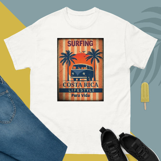👉 "Unisex t-shirt with a 'CR Life Style Pura Vida' graphic, featuring tropical palm trees and a sunset, inspired by Costa Rica’s relaxed culture."