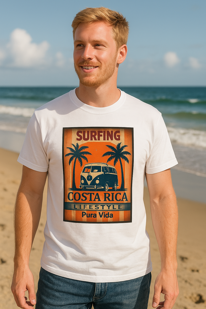 👉 "Unisex t-shirt with a 'CR Life Style Pura Vida' graphic, featuring tropical palm trees and a sunset, inspired by Costa Rica’s relaxed culture."