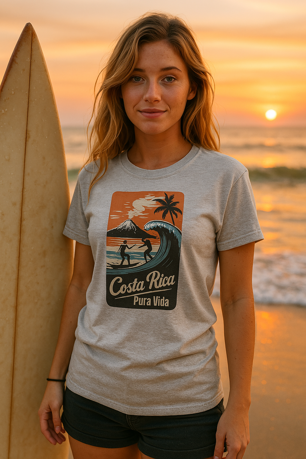 👉 "Unisex DryBlend® t-shirt with a 'Surfing CR' graphic, showcasing tropical waves and Costa Rica’s surfing culture."