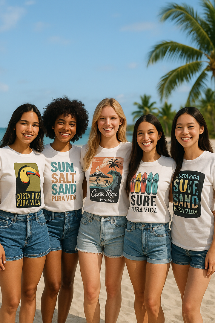 👉 "Unisex DryBlend® t-shirt with a 'Surfing CR' graphic, showcasing tropical waves and Costa Rica’s surfing culture."