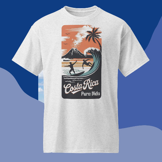 👉 "Unisex DryBlend® t-shirt with a 'Surfing CR' graphic, showcasing tropical waves and Costa Rica’s surfing culture."