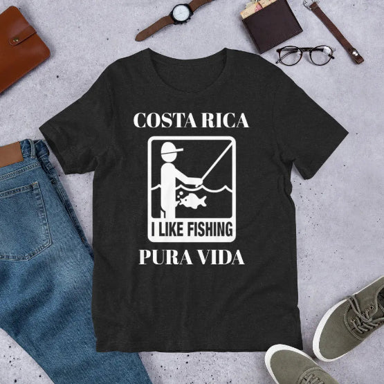 👉 "Unisex t-shirt with an 'I Like Fishing CR 2' graphic, showcasing Costa Rica’s world-renowned sport fishing and tropical ocean adventures."