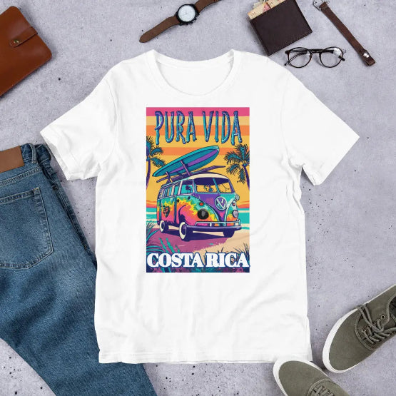 👉 "Unisex t-shirt with a retro Volkswagen Combi van and 'Pura Vida' design, celebrating Costa Rica’s surf lifestyle, road trips, and tropical adventures."